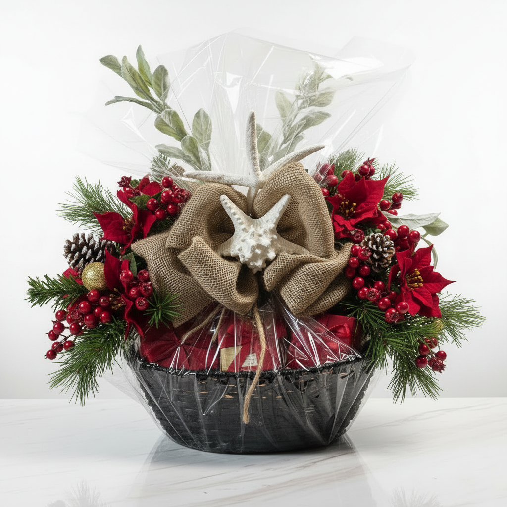Christmas Holiday Luxe Basket - Red with Burlap Ribbon