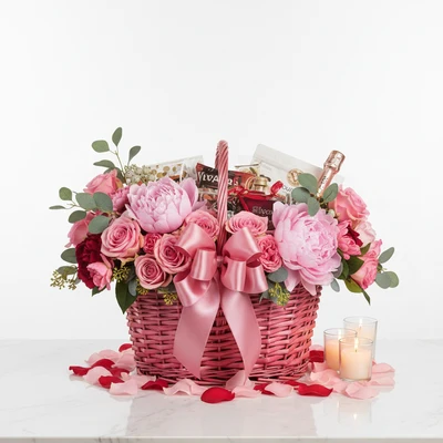 Doune Baskets Valentine's Day Romance Luxury Basket with pink roses, peonies and satin bow