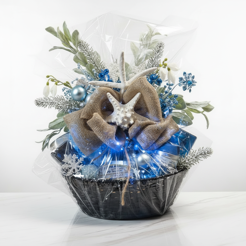 Christmas Holiday Luxe Basket - Blue with Burlap Ribbon