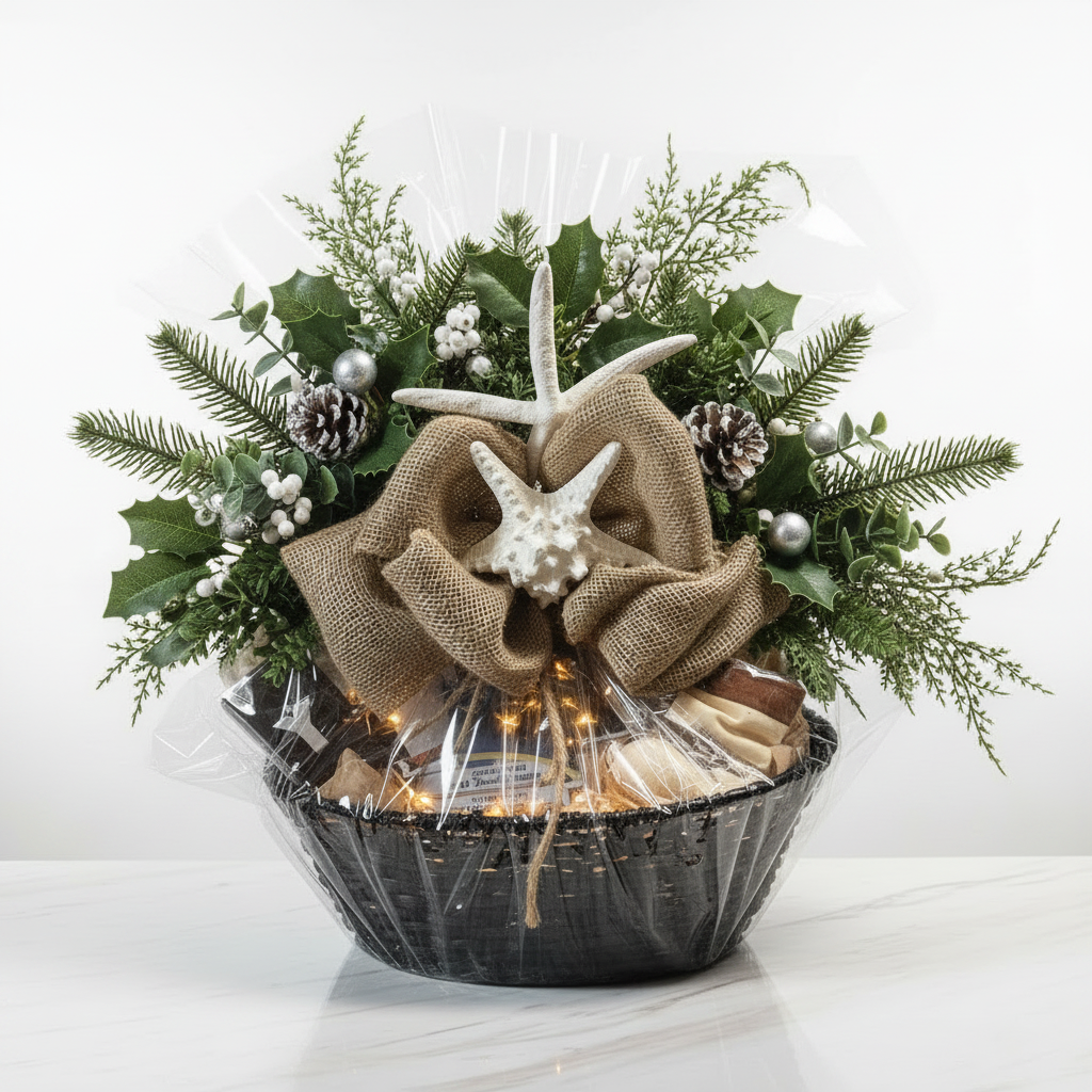 Christmas Holiday Luxe Basket - Green with Burlap Ribbon