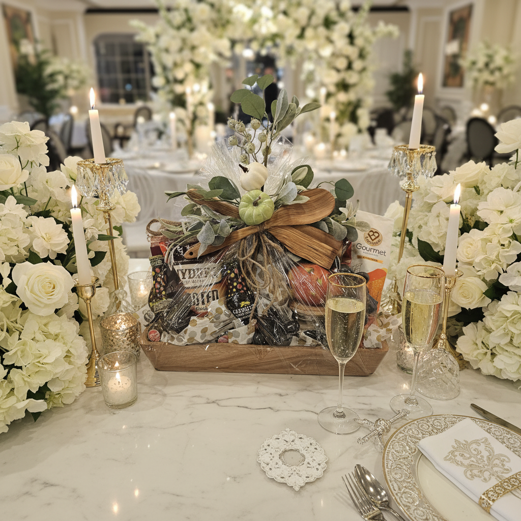 Doune Baskets Weddings & Anniversaries Luxury Basket - gourmet tray in elegant wedding setting