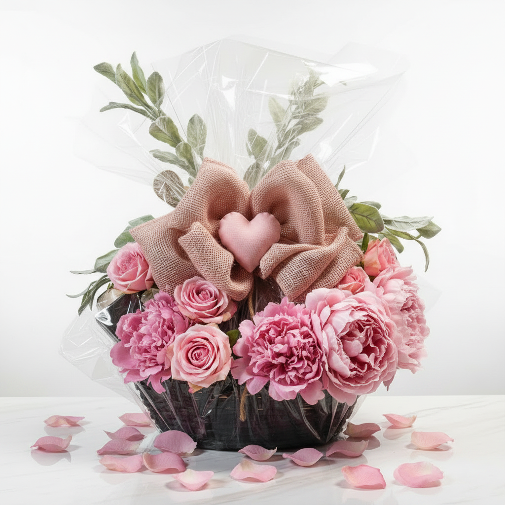 Valentine's Day Luxury Basket - Pink Burlap Bow