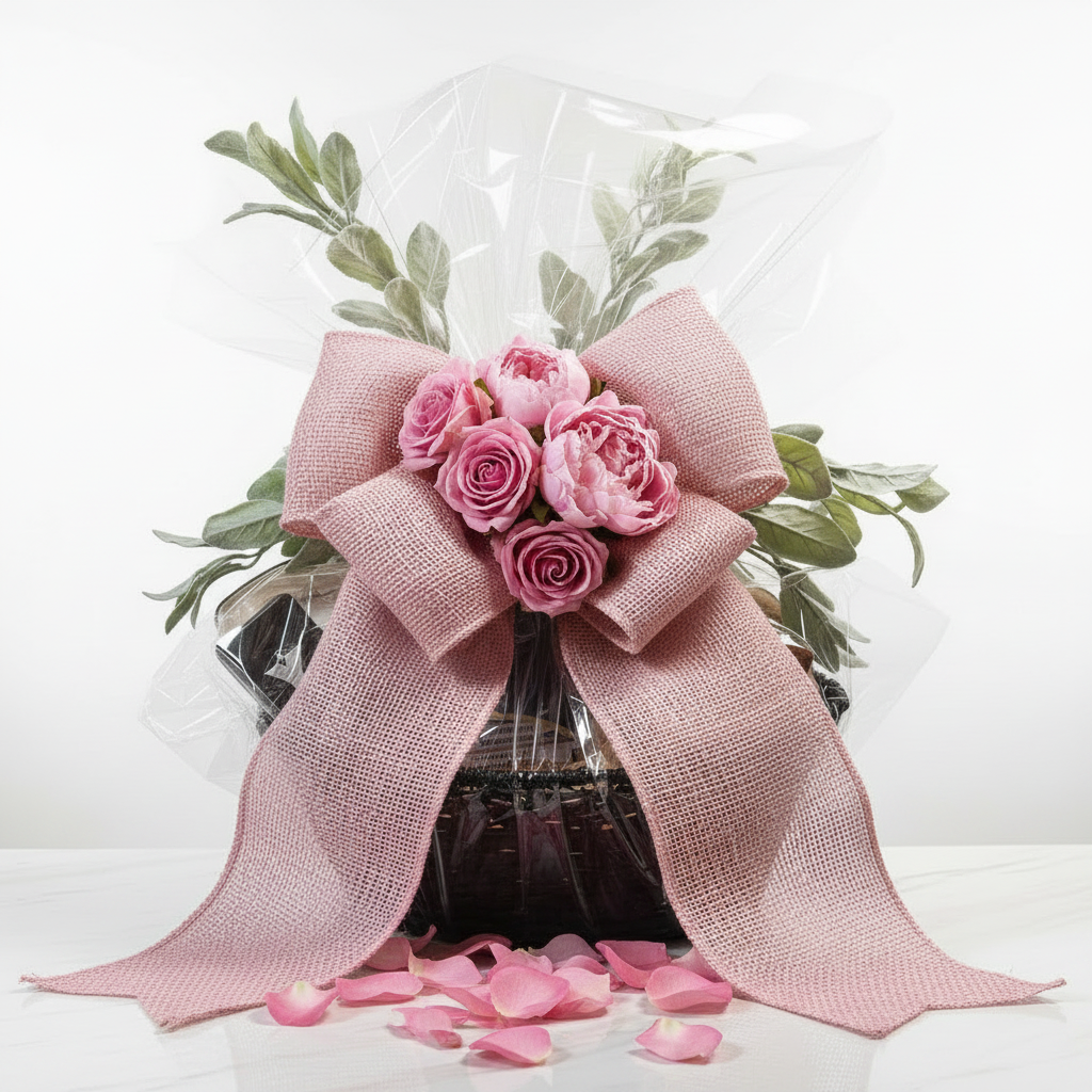 Valentine's Day Luxury Basket - Pink Burlap Bow