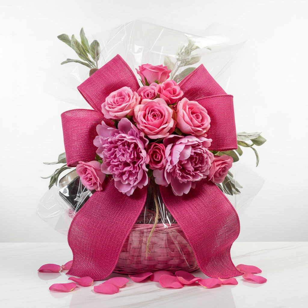 Valentine's Day Luxury Basket - Pink Wicker & Pink Burlap Bow